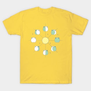 Kawaii Frog Phases of the Moon in Pastel Yellow and Aesthetic Sage Green T-Shirt